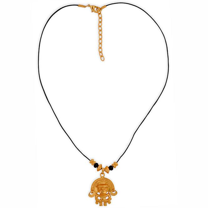 Collar Cuero Negro, Piedra Coralina Negra y Dije Mediano Zoomorfo con Aretes Tairona - Blumart