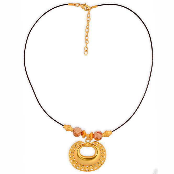 Collar Cuero Café, Piedra Tairona Amarillo-Café y Dije Mediano Nariguera de Círculos Tairona - Blumart