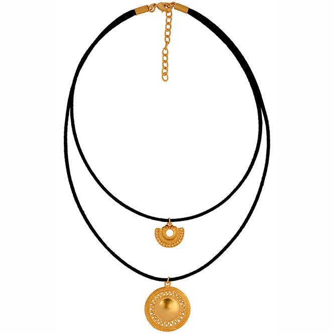 Collar Cuero doble con Dijes Nariguera Semilunar Tairona y Pectoral de Rayos Muisca - Blumart