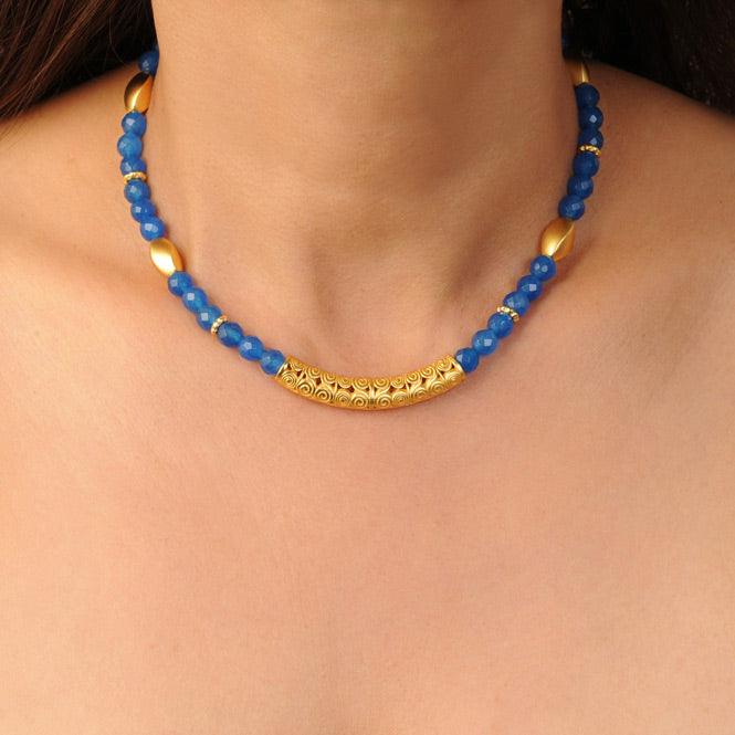 Collar Piedra Semipreciosa Ágata Azul 6mm y Accesorio Precolombino - Blumart