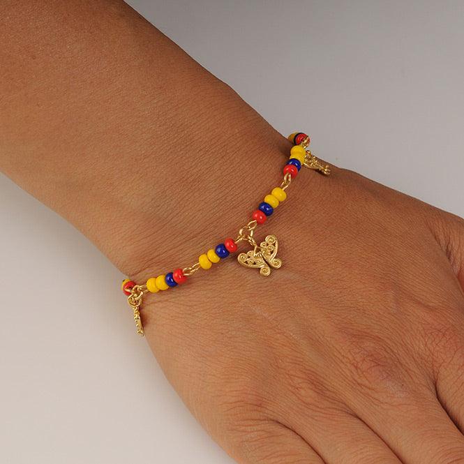 Pulsera Colombia en Chaquira Checa y 3 Dije Mini Nariguera Mariposa Tairona - Blumart
