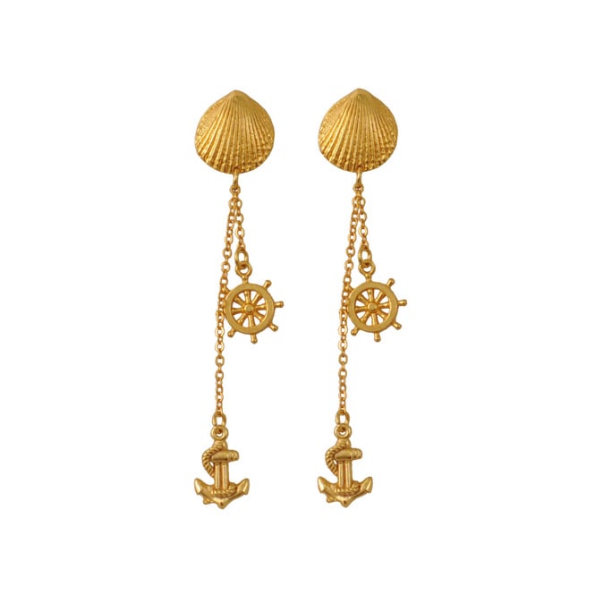 Aretes largos para mujer, forma de concha, timón y ancla. Baño en oro