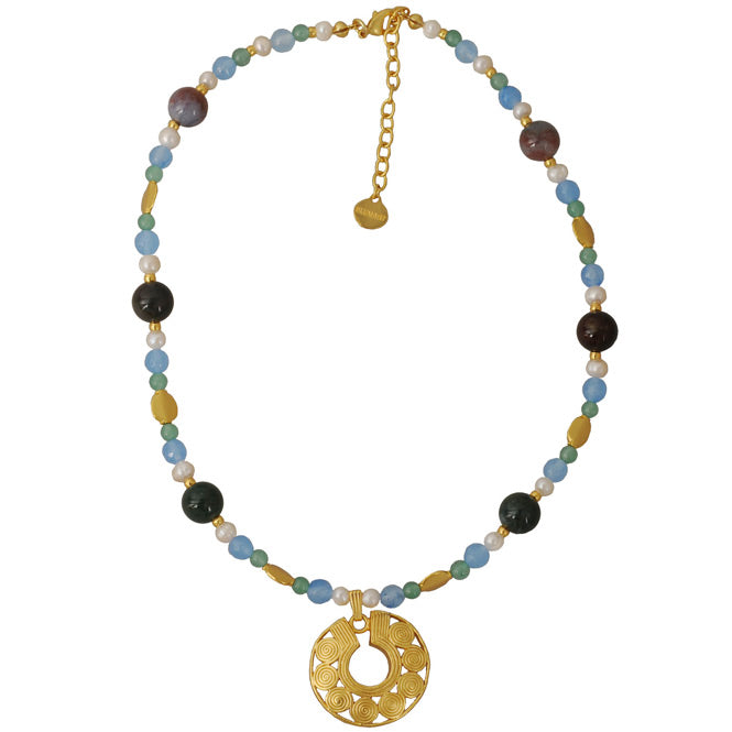 Collar semipreciosa ágata azul y Dije mediano nariguera de círculos Quimbaya