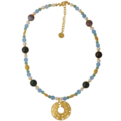 Collar semipreciosa ágata azul y Dije mediano nariguera de círculos Quimbaya