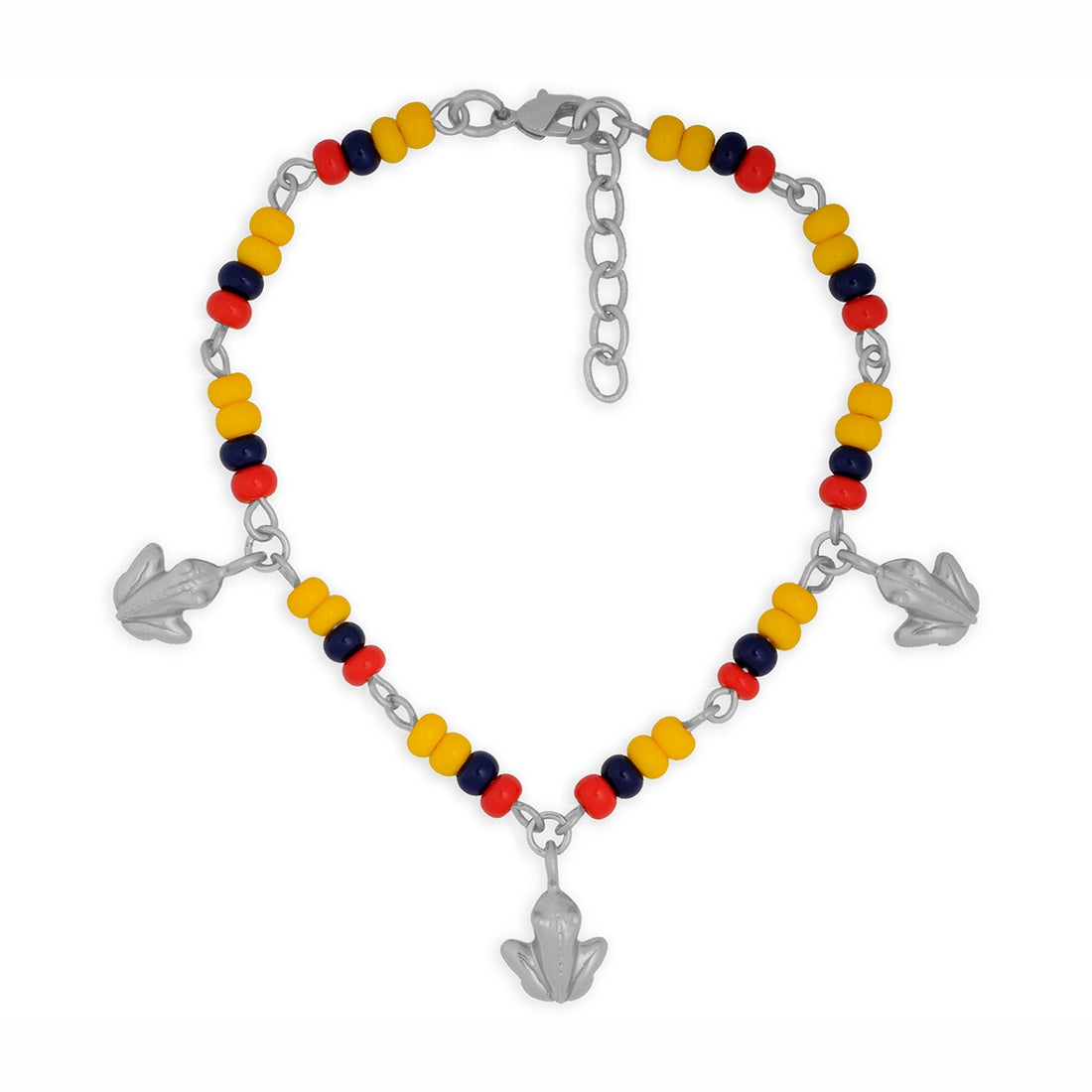Pulsera Colombia en chaquira checa y 3 mini rana de una trenza Tairona plateada