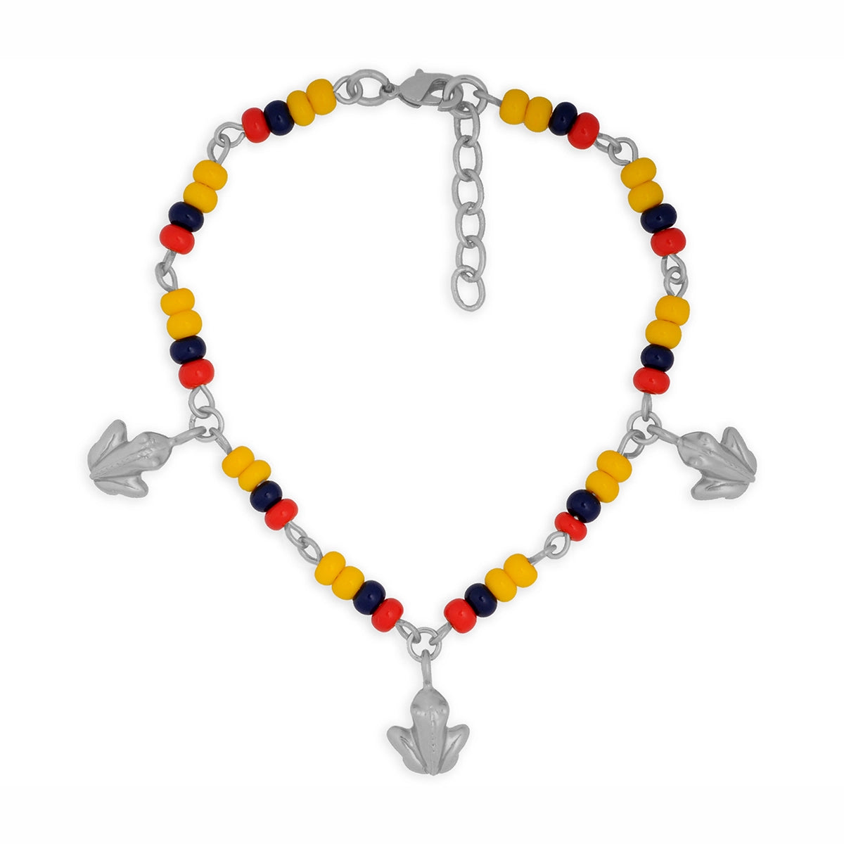 Pulsera Colombia en chaquira checa y 3 mini rana de una trenza Tairona plateada