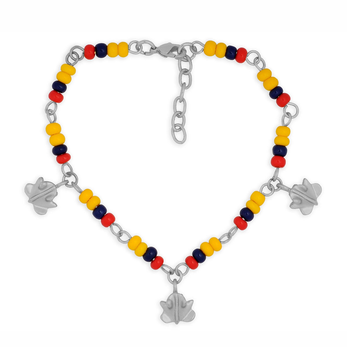 Pulsera Colombia en chaquira checa y 3 mini rana Tairona plateada