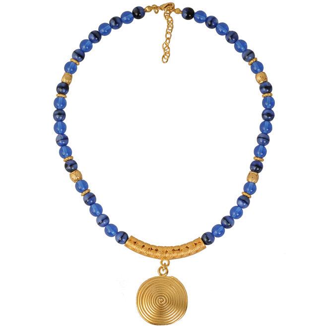 Collar Cristal Checo Azul 8mm, Dije Mediano Pectoral Quimbaya - Blumart