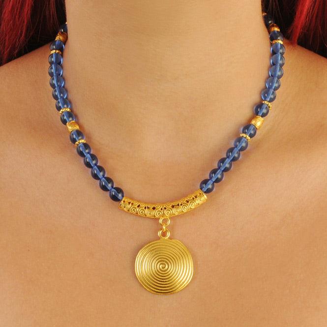 Collar Cristal Checo Azul 8mm, Dije Mediano Pectoral Quimbaya - Blumart