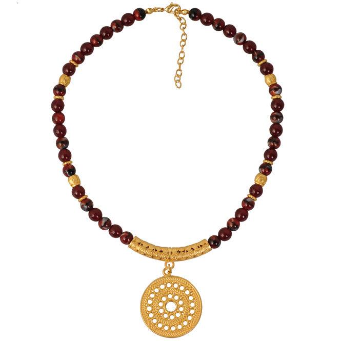 Collar Cristal Checo Rojo 8mm, Dije Mediano Pectoral Solar Muisca - Blumart