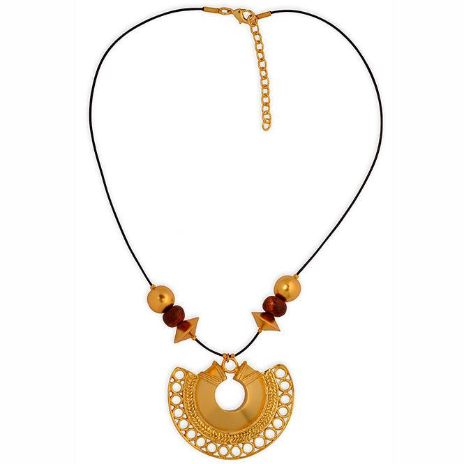 Collar Cuero Café, Piedra Tairona Terracota y Dije Extragrande Nariguera Semilunar Tairona - Blumart