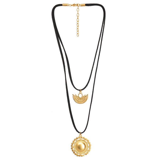 Collar Cuero doble con Dijes Nariguera Alada de Filigrana Sinú y Pectoral Redondo Tolima - Blumart