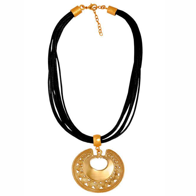 Collar Cuero Negro 10 Vueltas y Dije Extragrande Nariguera de Círculos Tairona - Blumart