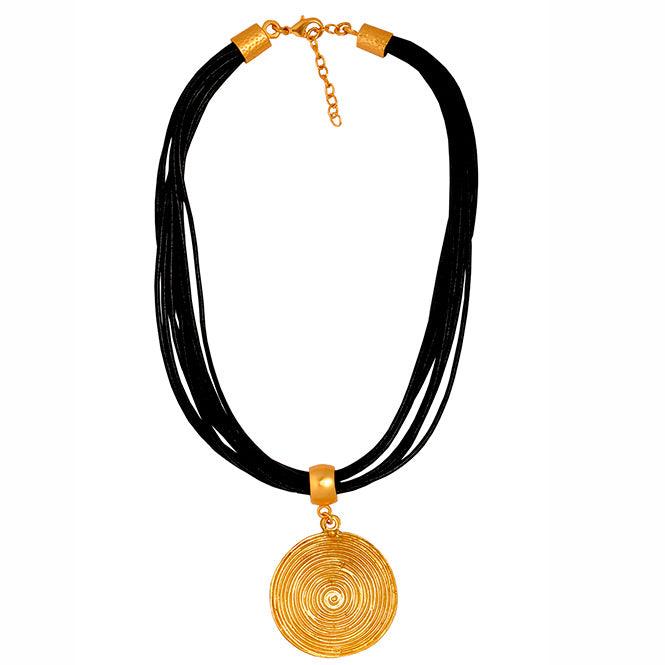 Collar Cuero Negro 10 Vueltas y Dije Grande Pectoral Quimbaya - Blumart