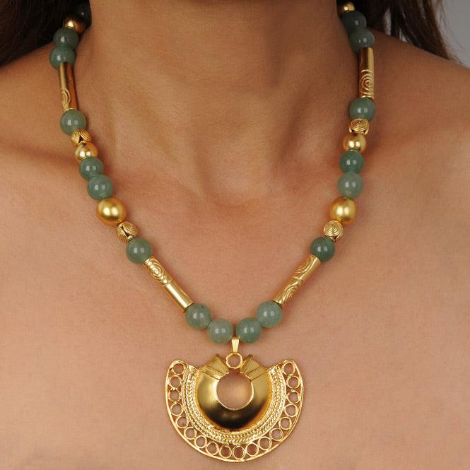 Collar Piedra Semipreciosa Aventurina 10mm y Dije Nariguera Filigrana Tairona - Blumart