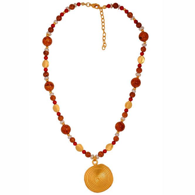 Collar Piedra Semipreciosa Fossil Marrón, Fossil Rojo, Perla y Dije Mediano Pectoral Quimbaya - Blumart
