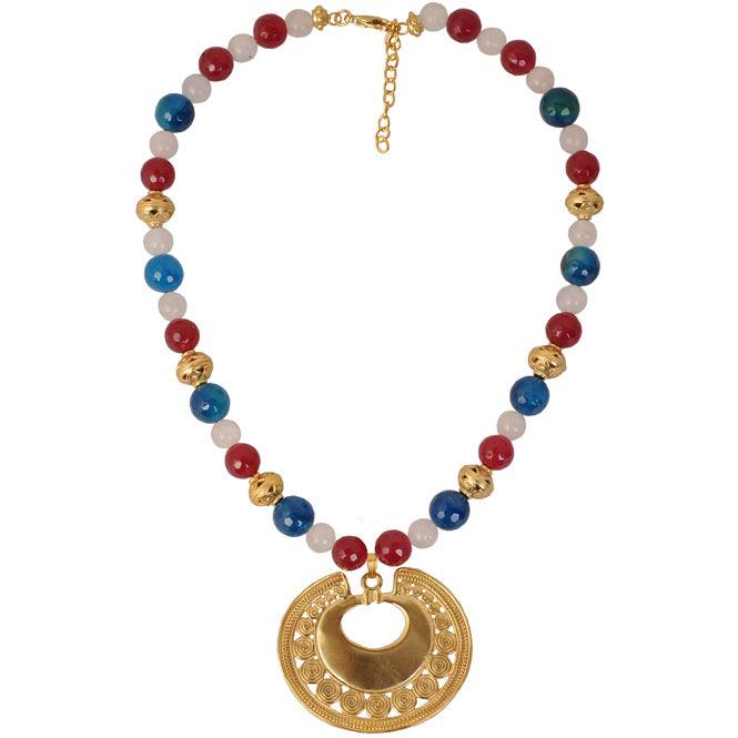 Collar Piedra Semipreciosa Ágatas Azul y Fucsia, Cuarzo Rosado y Dije Extragrande Nariguera de Círculos Tairona - Blumart