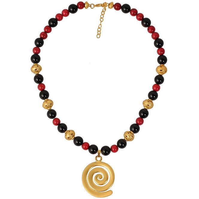 Collar Piedra Semipreciosa Onix y Fossil Rojo y Dije Grande Espiral Quimbaya - Blumart