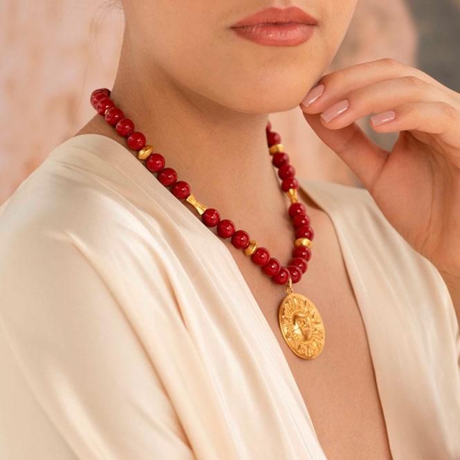 Collar semipreciosa fossil rojo y dije pectoral de trece caras Nariño - Blumart