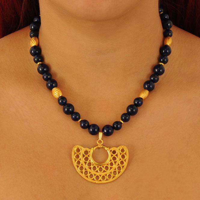 Collar semipreciosa fossil azul y dije nariguera filigrana doble Sinú - Blumart