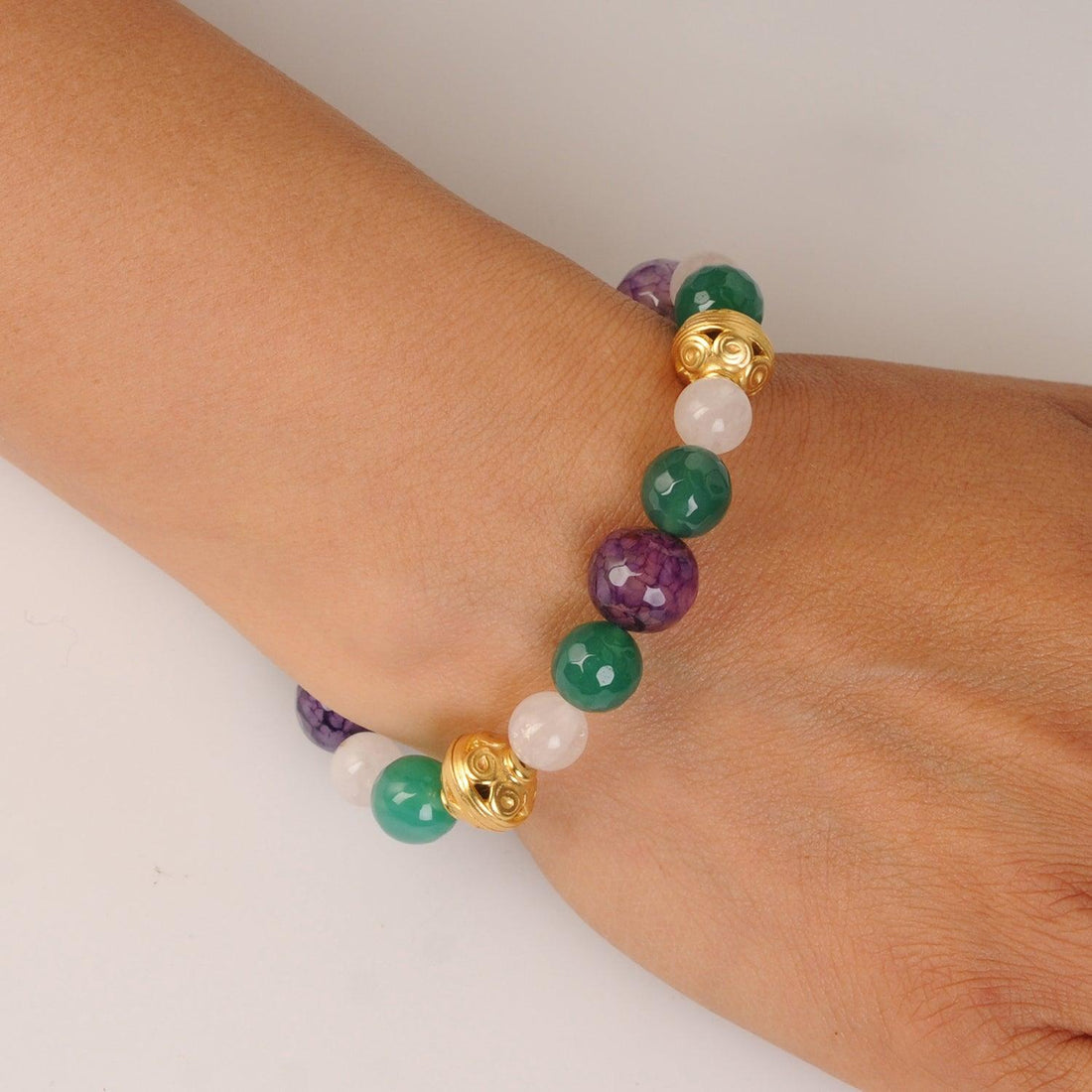 Pulsera Piedra Semipreciosa Ágatas Morada y Verde, Cuarzo Rosado